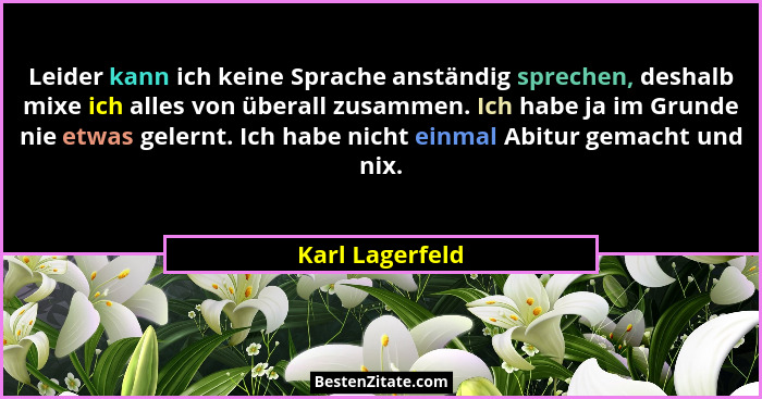 Leider kann ich keine Sprache anständig sprechen, deshalb mixe ich alles von überall zusammen. Ich habe ja im Grunde nie etwas gelern... - Karl Lagerfeld