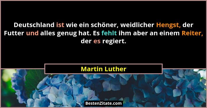 Deutschland ist wie ein schöner, weidlicher Hengst, der Futter und alles genug hat. Es fehlt ihm aber an einem Reiter, der es regiert.... - Martin Luther