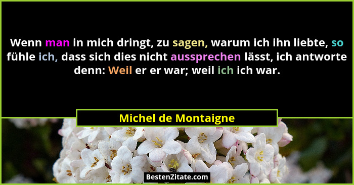 Wenn man in mich dringt, zu sagen, warum ich ihn liebte, so fühle ich, dass sich dies nicht aussprechen lässt, ich antworte denn... - Michel de Montaigne