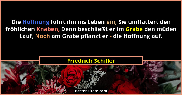 Die Hoffnung führt ihn ins Leben ein, Sie umflattert den fröhlichen Knaben, Denn beschließt er im Grabe den müden Lauf, Noch am G... - Friedrich Schiller