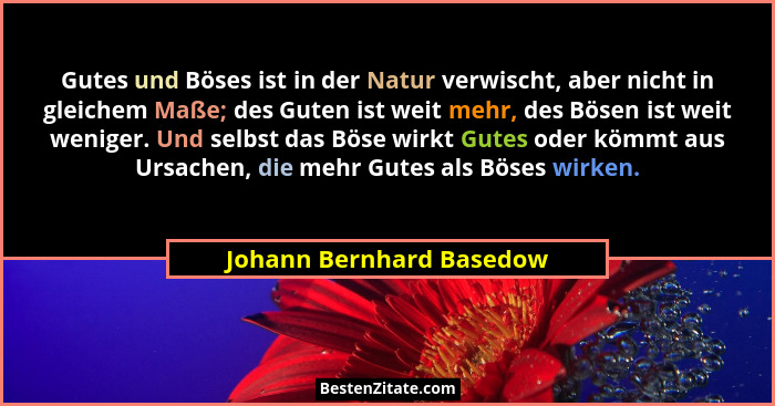 Gutes und Böses ist in der Natur verwischt, aber nicht in gleichem Maße; des Guten ist weit mehr, des Bösen ist weit weniger... - Johann Bernhard Basedow
