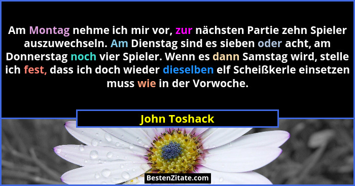Am Montag nehme ich mir vor, zur nächsten Partie zehn Spieler auszuwechseln. Am Dienstag sind es sieben oder acht, am Donnerstag noch v... - John Toshack
