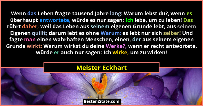 Wenn das Leben fragte tausend Jahre lang: Warum lebst du?, wenn es überhaupt antwortete, würde es nur sagen: Ich lebe, um zu leben!... - Meister Eckhart