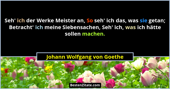 Seh' ich der Werke Meister an, So seh' ich das, was sie getan; Betracht' ich meine Siebensachen, Seh' ich... - Johann Wolfgang von Goethe