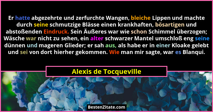 Er hatte abgezehrte und zerfurchte Wangen, bleiche Lippen und machte durch seine schmutzige Blässe einen krankhaften, bösartig... - Alexis de Tocqueville
