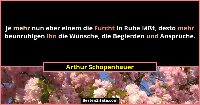 Je mehr nun aber einem die Furcht in Ruhe läßt, desto mehr beunruhigen ihn die Wünsche, die Begierden und Ansprüche.... - Arthur Schopenhauer
