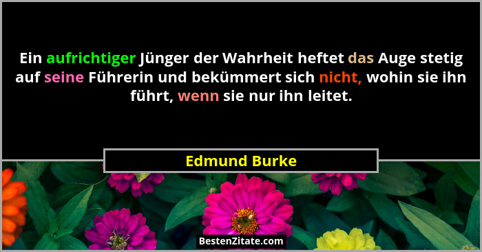 Ein aufrichtiger Jünger der Wahrheit heftet das Auge stetig auf seine Führerin und bekümmert sich nicht, wohin sie ihn führt, wenn sie... - Edmund Burke