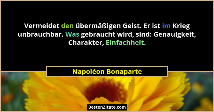 Vermeidet den übermäßigen Geist. Er ist im Krieg unbrauchbar. Was gebraucht wird, sind: Genauigkeit, Charakter, Einfachheit.... - Napoléon Bonaparte
