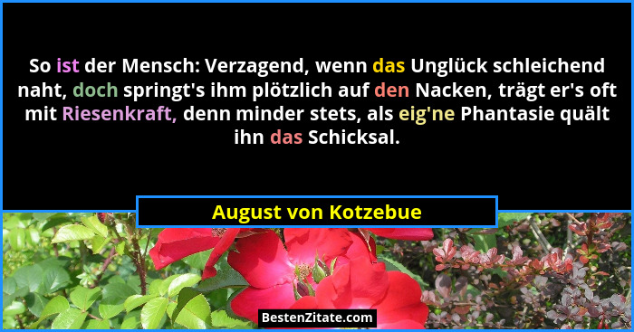 So ist der Mensch: Verzagend, wenn das Unglück schleichend naht, doch springt's ihm plötzlich auf den Nacken, trägt er's... - August von Kotzebue
