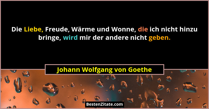 Die Liebe, Freude, Wärme und Wonne, die ich nicht hinzu bringe, wird mir der andere nicht geben.... - Johann Wolfgang von Goethe
