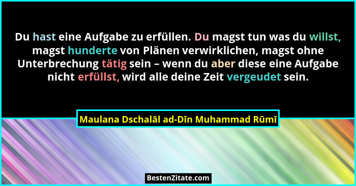 Du hast eine Aufgabe zu erfüllen. Du magst tun was du willst, magst hunderte von Plänen verwirklichen, magst o... - Maulana Dschalāl ad-Dīn Muhammad Rūmī