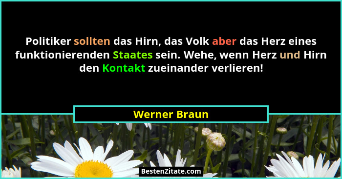 Politiker sollten das Hirn, das Volk aber das Herz eines funktionierenden Staates sein. Wehe, wenn Herz und Hirn den Kontakt zueinander... - Werner Braun