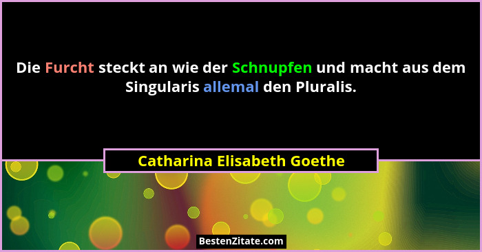 Die Furcht steckt an wie der Schnupfen und macht aus dem Singularis allemal den Pluralis.... - Catharina Elisabeth Goethe