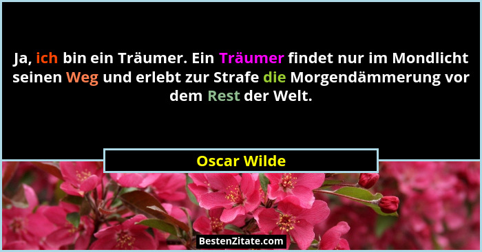 Ja, ich bin ein Träumer. Ein Träumer findet nur im Mondlicht seinen Weg und erlebt zur Strafe die Morgendämmerung vor dem Rest der Welt.... - Oscar Wilde