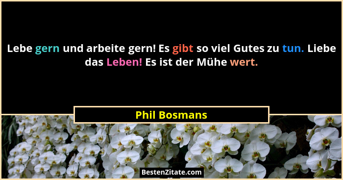 Lebe gern und arbeite gern! Es gibt so viel Gutes zu tun. Liebe das Leben! Es ist der Mühe wert.... - Phil Bosmans