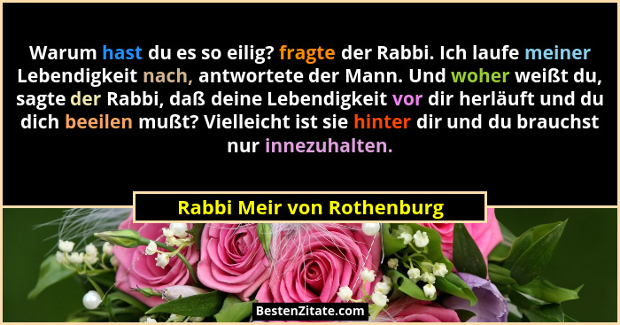 Warum hast du es so eilig? fragte der Rabbi. Ich laufe meiner Lebendigkeit nach, antwortete der Mann. Und woher weißt du,... - Rabbi Meir von Rothenburg