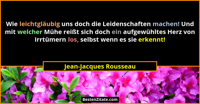 Wie leichtgläubig uns doch die Leidenschaften machen! Und mit welcher Mühe reißt sich doch ein aufgewühltes Herz von Irrtümern... - Jean-Jacques Rousseau