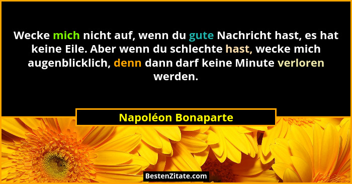 Wecke mich nicht auf, wenn du gute Nachricht hast, es hat keine Eile. Aber wenn du schlechte hast, wecke mich augenblicklich, den... - Napoléon Bonaparte