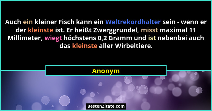 Auch ein kleiner Fisch kann ein Weltrekordhalter sein - wenn er der kleinste ist. Er heißt Zwerggrundel, misst maximal 11 Millimeter, wiegt h... - Anonym