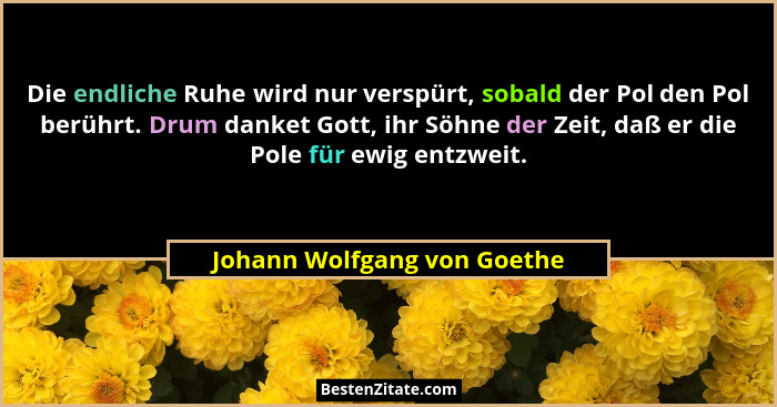 Die endliche Ruhe wird nur verspürt, sobald der Pol den Pol berührt. Drum danket Gott, ihr Söhne der Zeit, daß er die Pol... - Johann Wolfgang von Goethe