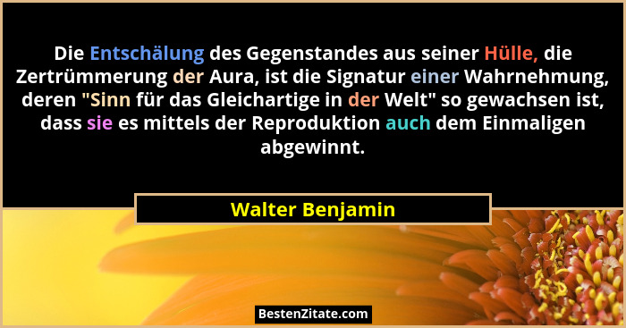 Die Entschälung des Gegenstandes aus seiner Hülle, die Zertrümmerung der Aura, ist die Signatur einer Wahrnehmung, deren "Sinn f... - Walter Benjamin