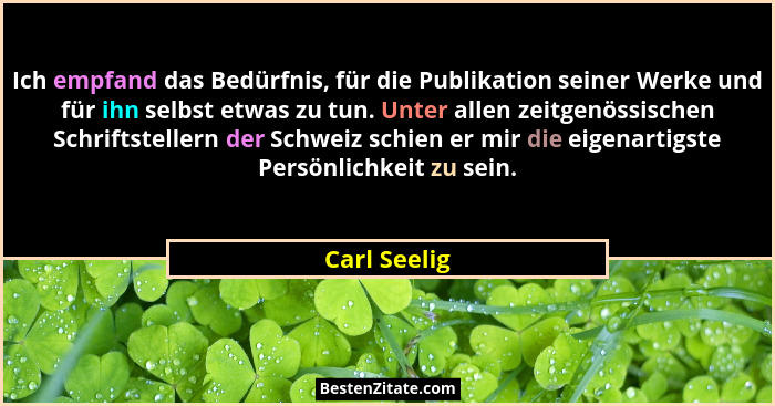 Ich empfand das Bedürfnis, für die Publikation seiner Werke und für ihn selbst etwas zu tun. Unter allen zeitgenössischen Schriftsteller... - Carl Seelig