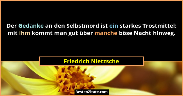 Der Gedanke an den Selbstmord ist ein starkes Trostmittel: mit ihm kommt man gut über manche böse Nacht hinweg.... - Friedrich Nietzsche