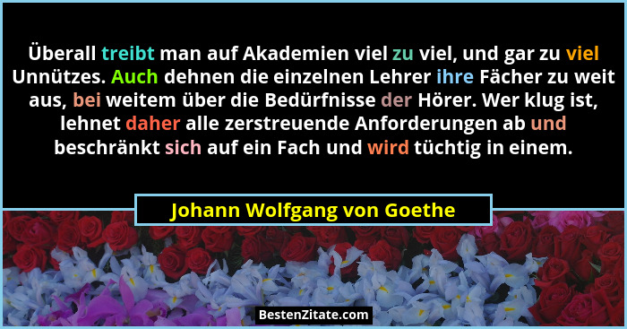 Überall treibt man auf Akademien viel zu viel, und gar zu viel Unnützes. Auch dehnen die einzelnen Lehrer ihre Fächer zu... - Johann Wolfgang von Goethe