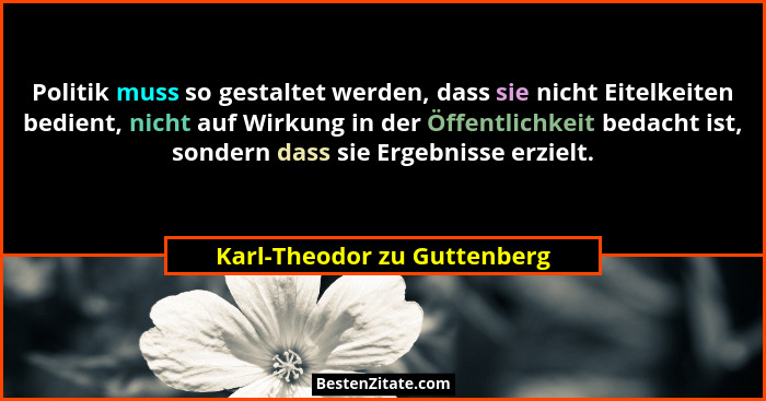 Politik muss so gestaltet werden, dass sie nicht Eitelkeiten bedient, nicht auf Wirkung in der Öffentlichkeit bedacht ist... - Karl-Theodor zu Guttenberg