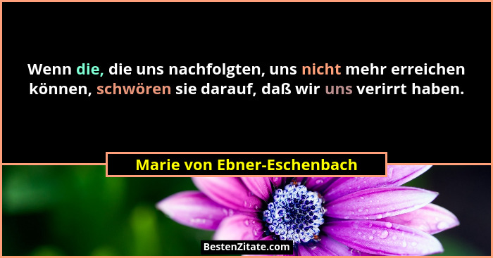 Wenn die, die uns nachfolgten, uns nicht mehr erreichen können, schwören sie darauf, daß wir uns verirrt haben.... - Marie von Ebner-Eschenbach