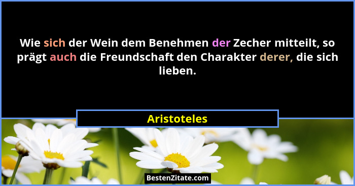 Wie sich der Wein dem Benehmen der Zecher mitteilt, so prägt auch die Freundschaft den Charakter derer, die sich lieben.... - Aristoteles