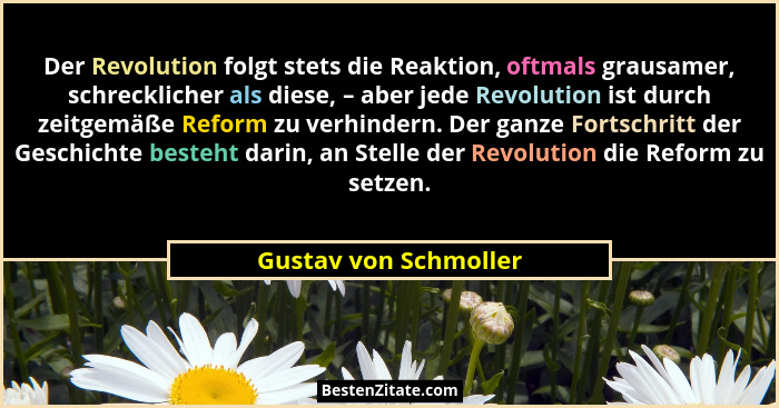 Der Revolution folgt stets die Reaktion, oftmals grausamer, schrecklicher als diese, – aber jede Revolution ist durch zeitgemäß... - Gustav von Schmoller