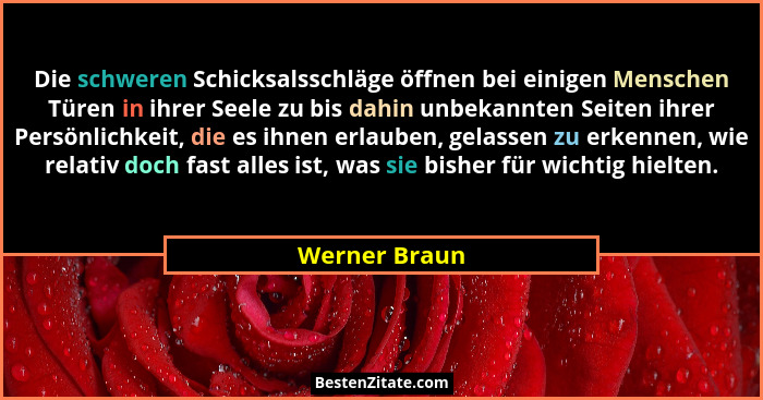 Die schweren Schicksalsschläge öffnen bei einigen Menschen Türen in ihrer Seele zu bis dahin unbekannten Seiten ihrer Persönlichkeit, d... - Werner Braun