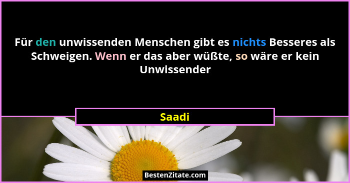 Für den unwissenden Menschen gibt es nichts Besseres als Schweigen. Wenn er das aber wüßte, so wäre er kein Unwissender... - Saadi