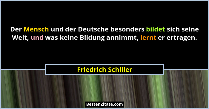 Der Mensch und der Deutsche besonders bildet sich seine Welt, und was keine Bildung annimmt, lernt er ertragen.... - Friedrich Schiller