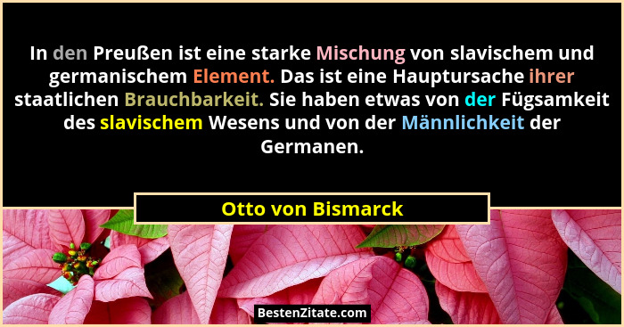 In den Preußen ist eine starke Mischung von slavischem und germanischem Element. Das ist eine Hauptursache ihrer staatlichen Brauc... - Otto von Bismarck