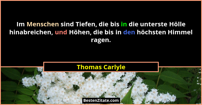 Im Menschen sind Tiefen, die bis in die unterste Hölle hinabreichen, und Höhen, die bis in den höchsten Himmel ragen.... - Thomas Carlyle