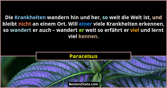 Die Krankheiten wandern hin und her, so weit die Welt ist, und bleibt nicht an einem Ort. Will einer viele Krankheiten erkennen, so wande... - Paracelsus