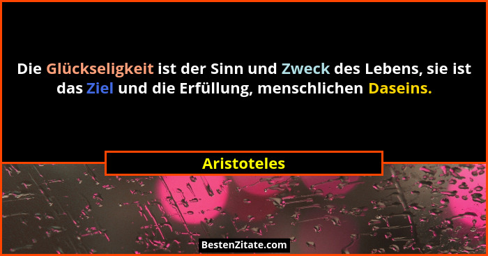 Die Glückseligkeit ist der Sinn und Zweck des Lebens, sie ist das Ziel und die Erfüllung, menschlichen Daseins.... - Aristoteles