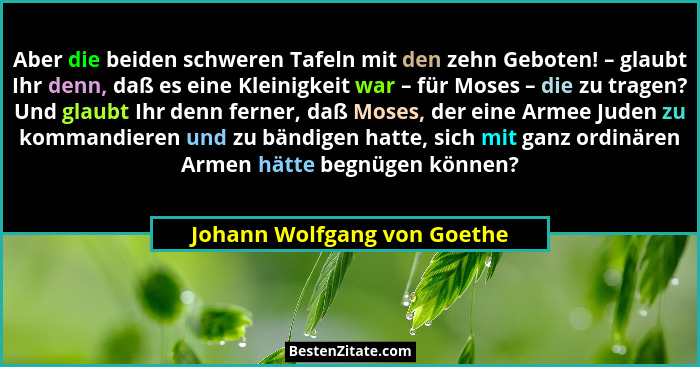 Aber die beiden schweren Tafeln mit den zehn Geboten! – glaubt Ihr denn, daß es eine Kleinigkeit war – für Moses – die zu... - Johann Wolfgang von Goethe