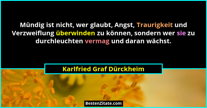 Mündig ist nicht, wer glaubt, Angst, Traurigkeit und Verzweiflung überwinden zu können, sondern wer sie zu durchleuchten ve... - Karlfried Graf Dürckheim