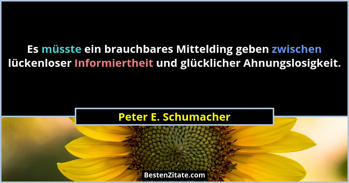 Es müsste ein brauchbares Mittelding geben zwischen lückenloser Informiertheit und glücklicher Ahnungslosigkeit.... - Peter E. Schumacher