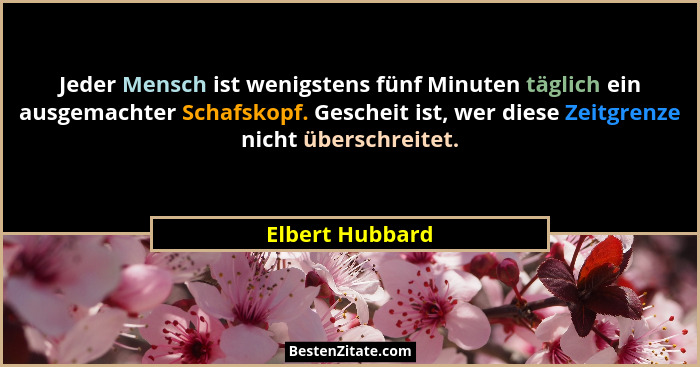 Jeder Mensch ist wenigstens fünf Minuten täglich ein ausgemachter Schafskopf. Gescheit ist, wer diese Zeitgrenze nicht überschreitet.... - Elbert Hubbard
