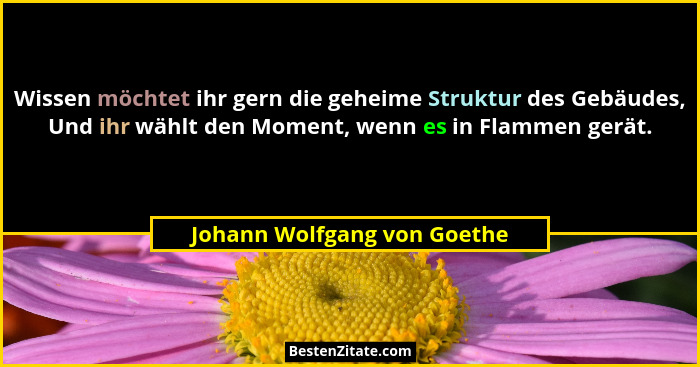 Wissen möchtet ihr gern die geheime Struktur des Gebäudes, Und ihr wählt den Moment, wenn es in Flammen gerät.... - Johann Wolfgang von Goethe