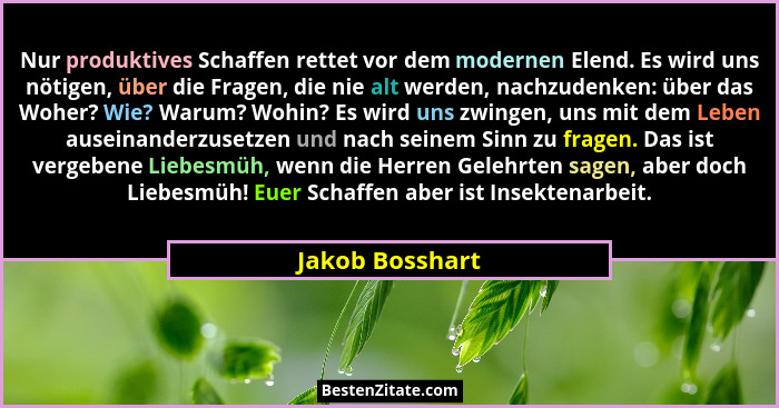 Nur produktives Schaffen rettet vor dem modernen Elend. Es wird uns nötigen, über die Fragen, die nie alt werden, nachzudenken: über... - Jakob Bosshart