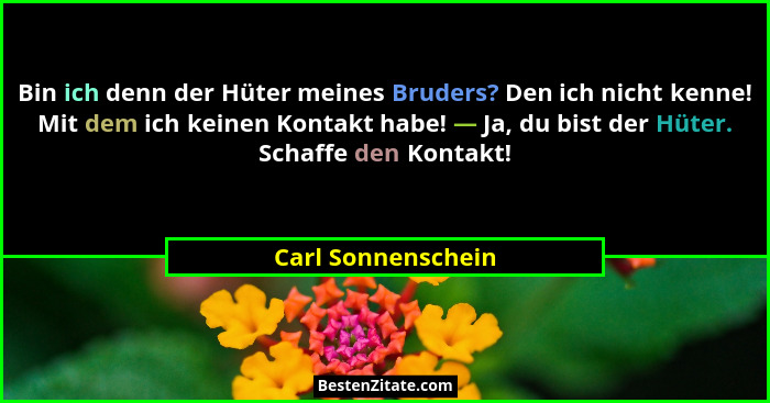Bin ich denn der Hüter meines Bruders? Den ich nicht kenne! Mit dem ich keinen Kontakt habe! — Ja, du bist der Hüter. Schaffe den... - Carl Sonnenschein