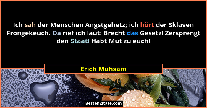 Ich sah der Menschen Angstgehetz; ich hört der Sklaven Frongekeuch. Da rief ich laut: Brecht das Gesetz! Zersprengt den Staat! Habt Mut... - Erich Mühsam