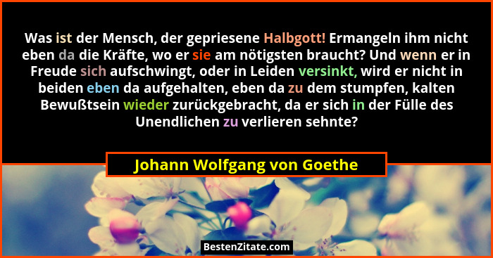 Was ist der Mensch, der gepriesene Halbgott! Ermangeln ihm nicht eben da die Kräfte, wo er sie am nötigsten braucht? Und... - Johann Wolfgang von Goethe