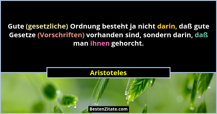Gute (gesetzliche) Ordnung besteht ja nicht darin, daß gute Gesetze (Vorschriften) vorhanden sind, sondern darin, daß man ihnen gehorcht... - Aristoteles