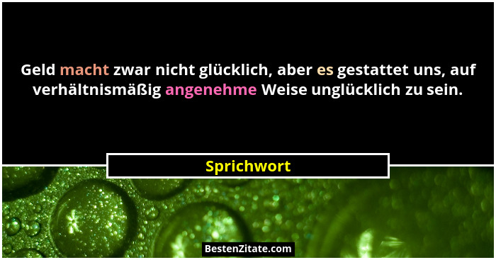Geld macht zwar nicht glücklich, aber es gestattet uns, auf verhältnismäßig angenehme Weise unglücklich zu sein.... - Sprichwort